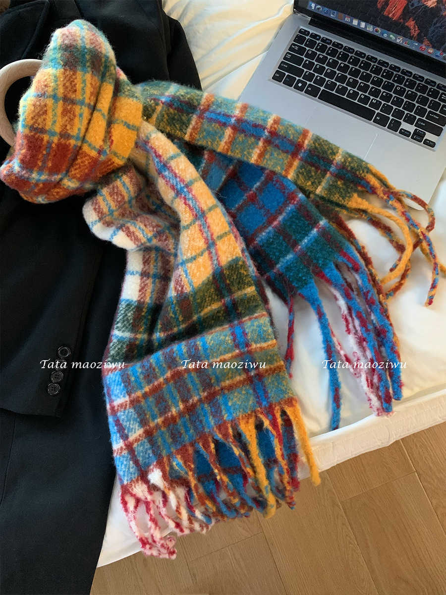 

Rainbow Plaid Scarf Womens Winter Imitation Cashmere ins Versatile ac Color Contrast Tassel Mohair Shawl Thickened Neck
