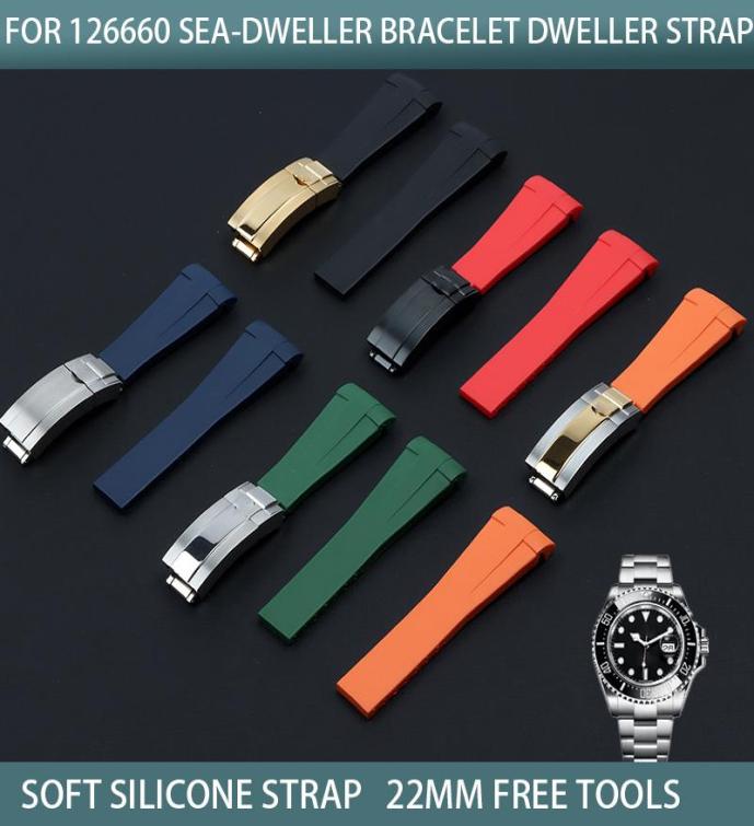 

Watch Bands 22mm Colorful Curved End Silicone Rubber Watchband For Role Strap DBlue 126660 SeaDweller Bracelet Band Tools9157873