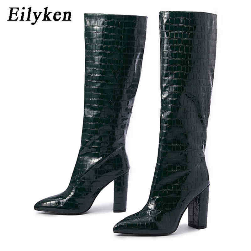 

Boots Eilyken New Fashion Pu Leather Women Knee High Boots Sexy Pointed Toe Square Heels Ladies Long Boot Slip on Female Shoes 220913, Black