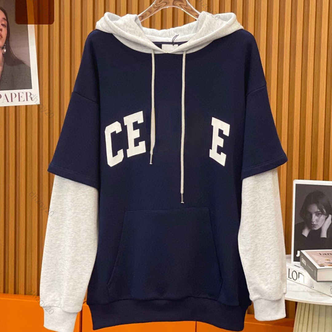 

Ce 22s hoodie designer sportswear autumn and winter splicing fake two loose mens and womens sweatshirt cotton pullover versatile loose trend coat long sleeved shirt, Navy