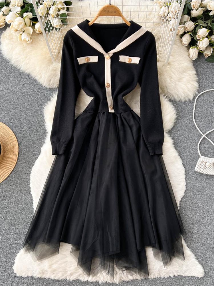 

Casual Dresses FTLZZ Autumn Winter Women V-neck Button Knitted Dress Vintage Lace Mesh Patchwork Office Lady Solid Knee-Length, Black