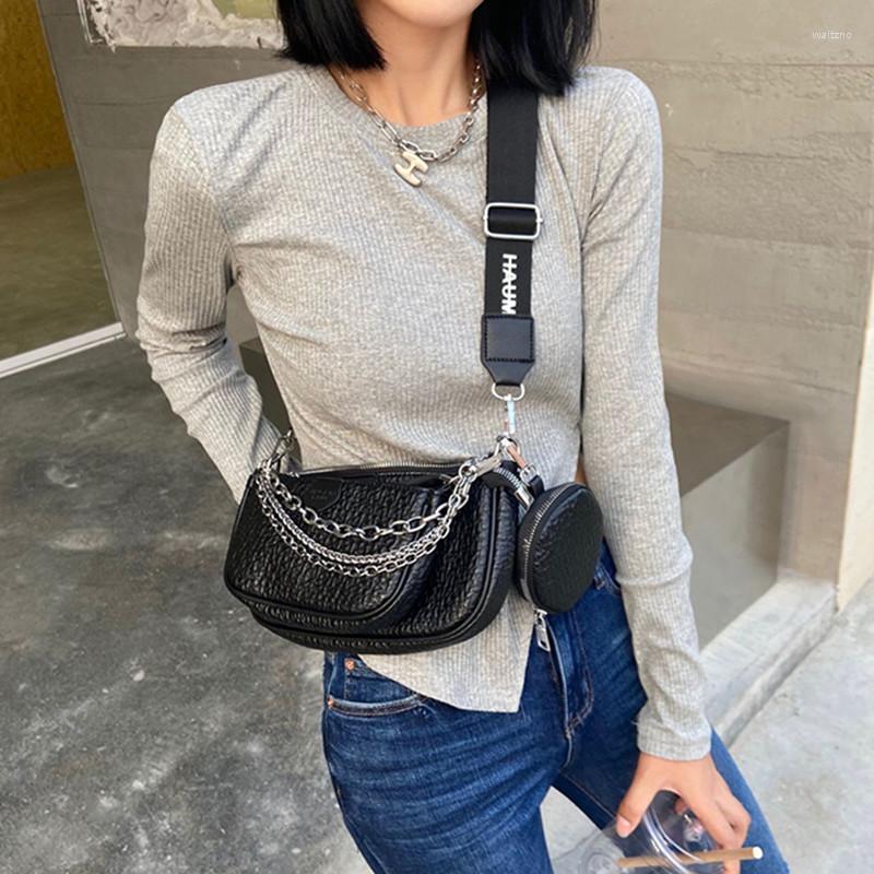 

Evening Bags Wide Straps Shoulder For Women Purses And Handbags PU Leather Female Luxury Crossbody Bag 3 PCS/SET Chains Separable, Black