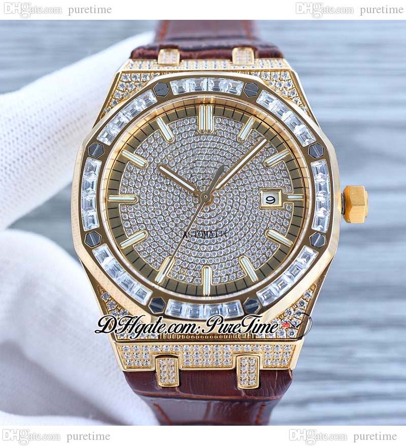 

1540 Full Paved Diamonds A3120 Automatic Mens Watch 42 Yellow Gold Baguette Diamond Ice out Dial Stick Brown Leather Oak Jewelry Watches Super Edition Puretime C3