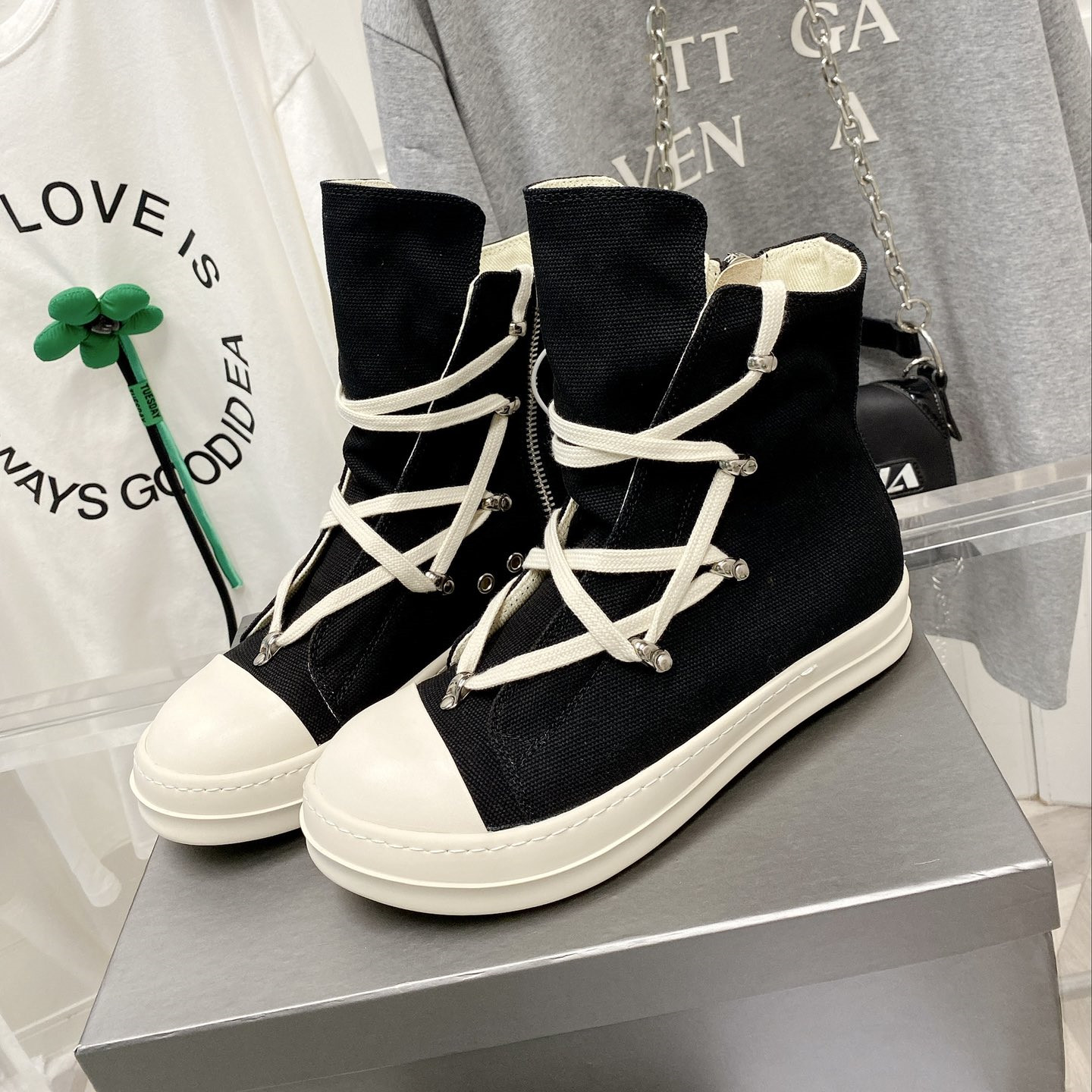 

Designer Canvas Sneakers Retro Shoes rick own shoe Spring Ankle Boots Rick Breathable Women Booties Black White Owen Lace Up High Top Female Board For Men with box