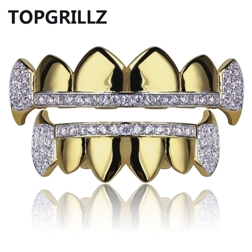 

Navel Bell Button Rings TOP Gold Hip Hop Teeth Micro Pave Cubic Zircon Top Bottom Fangs Grills Set Holleween Gift Men Women 221109
