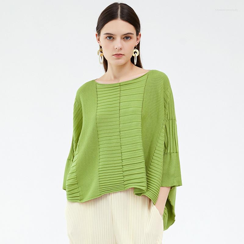 

Women's T Shirts Miyake's Round Neck Dolman Sleeve Irregular Top Pleated Short Early Autumn Sweater Niche Fashion Women's Clothing, Picture color