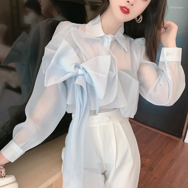 

Women' T Shirts 2022 Spring Design Women' Turn Down Collar Perspective Blue Color Big Bow Patched Fashion Blouse Shirt, Blue shirt