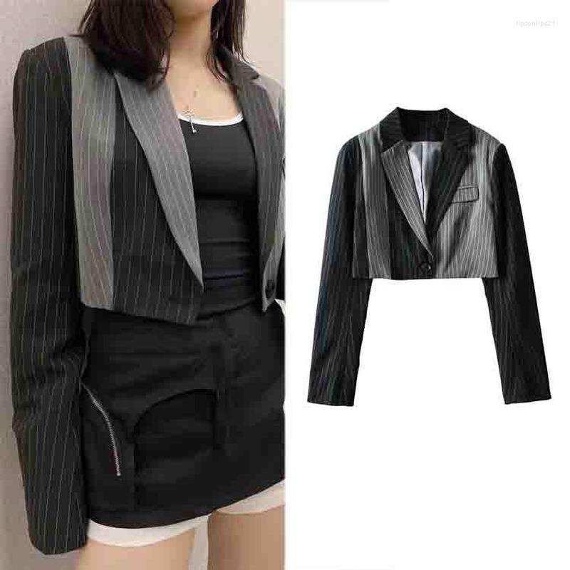 

Women's Suits Korean Fashion Chic Short Blazer Striped Suit Women Contrast Colors Single Button Sweet Office Casual Tops, Black