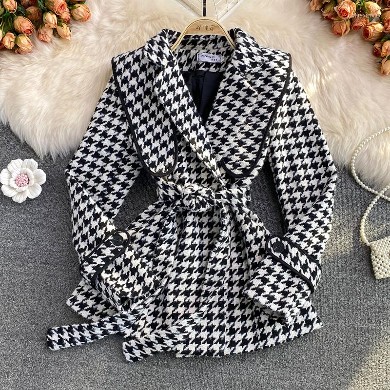 

Women's Suits Small Fragrance Wind Thousand Bird Check Large Lapel Waist Bound Woolen Coat Retro Versatile Harbor Flavor Design Sense Top, Black