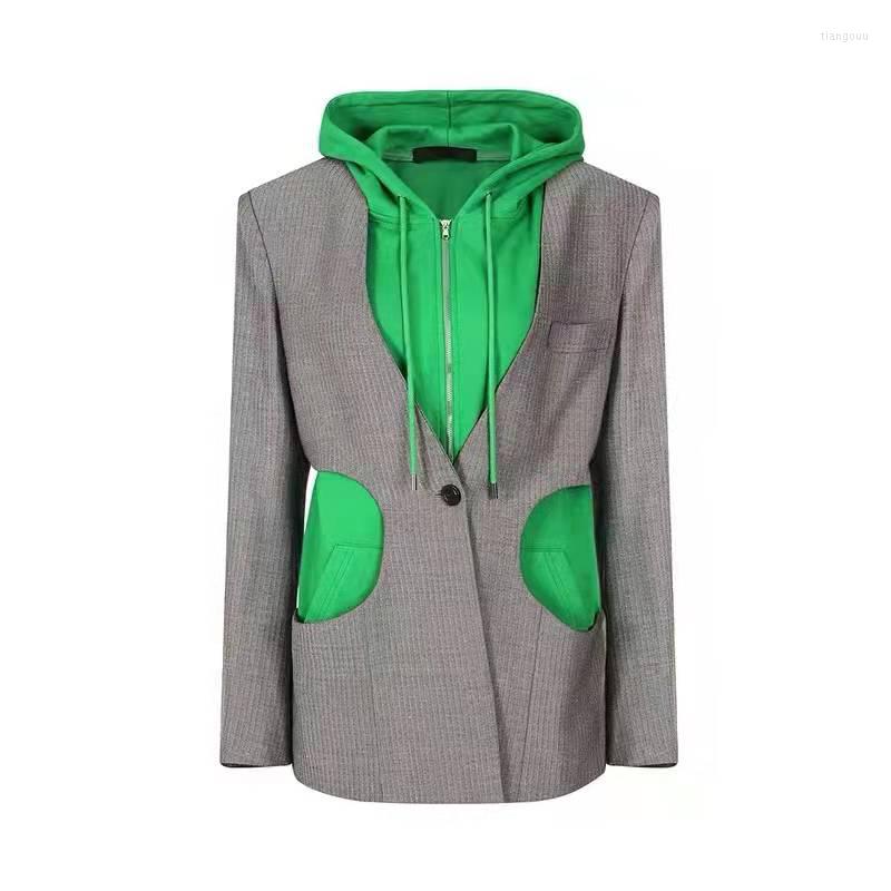 

Women's Suits SuperAen Stitched Hooded Blazer Jacket Loose Korean Patchwork High Street For Women, Black