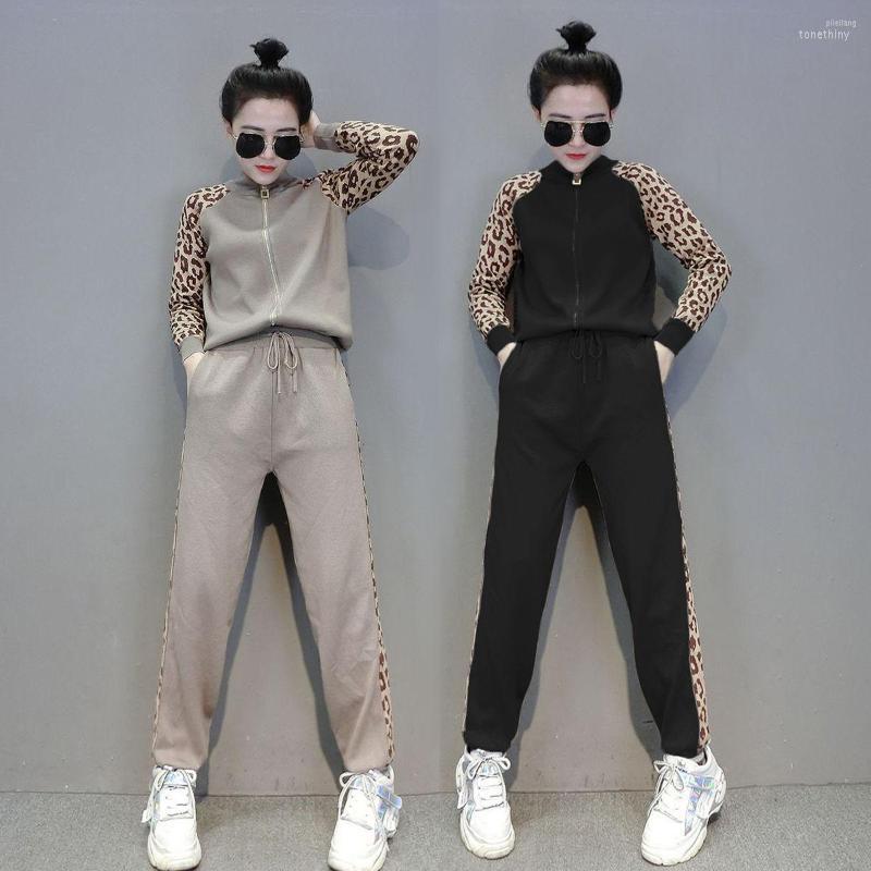

Women's Two Piece Pants Women's Autumn Oversized Casual Zip Women Cardigan Sweater Tracksuits Leopard Knitted Jumper Suits Harem 2, Black