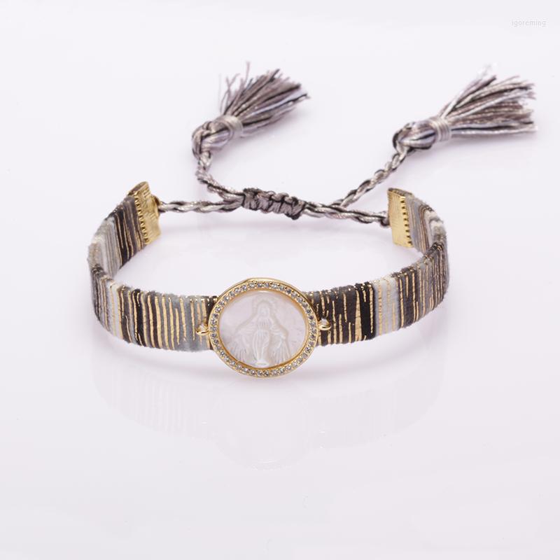 

Charm Bracelets Cz Paved Multiple Virgin Mary Statue Christian Religious Soft Cotton Silk Boho Wristband Adjustable Bracelet For Woman