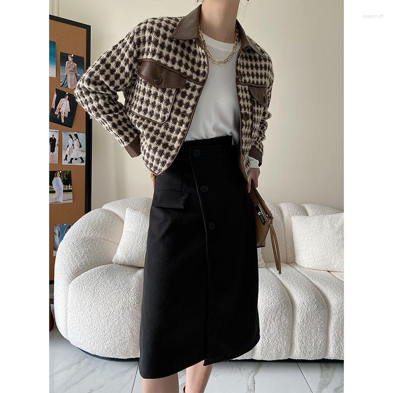 

Women' Jackets Brown Color Fashion Woolen Blend Women Coat PU Leather Patchwork Plaid Pockets Formal Office Clothes, Beige