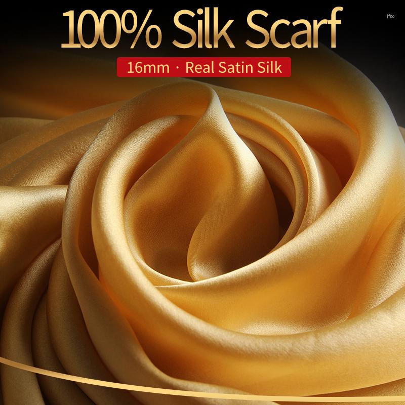

Scarves Pure Silk Long Scarf Women Satin Shawl 16mm Real Headscarf Yellow Foulard Femme Natural Neck