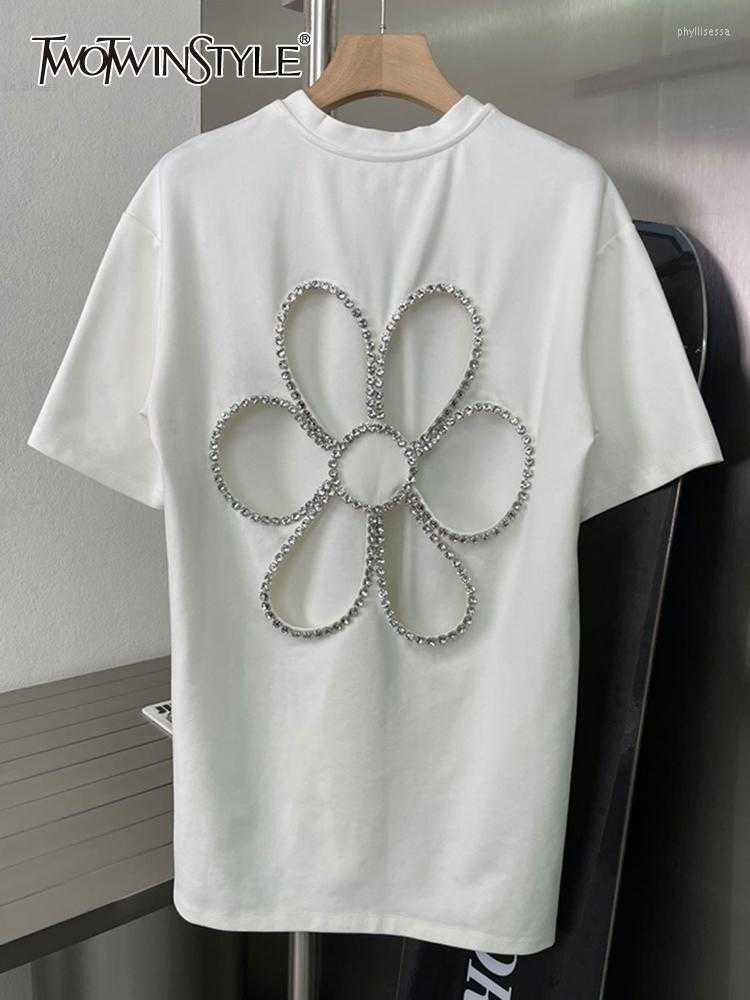 

Women' T-Shirt Loose T Shirt For Women Round Neck Short Sleeve Cut Out Patchwork Diamond Shirts Female Fashion Clothes Style Phyl22, White