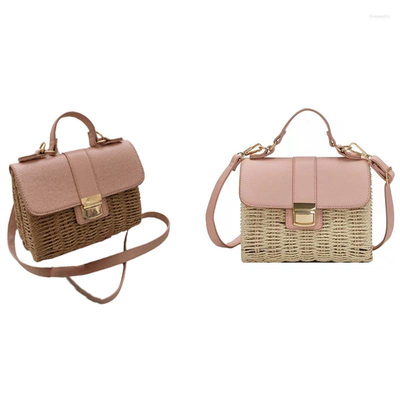 

Evening Bags Woven Square Tote Bag Summer High-Quality Straw Women's Handbag Travel Shoulder Messenger, Khaki