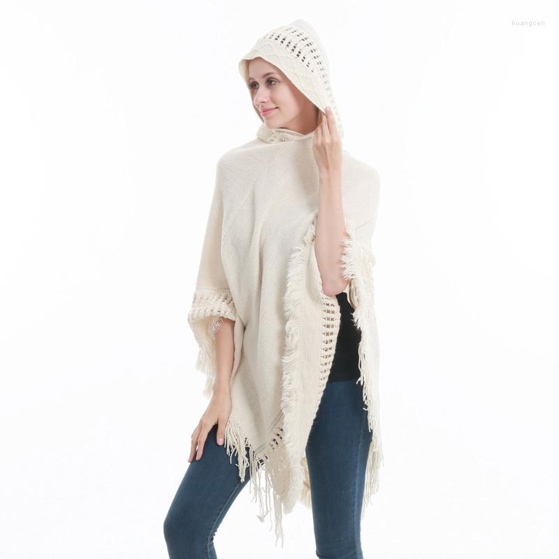 

Scarves Women Winter Warm Knitted Hooded Poncho Cape Solid Color Crochet Fringed Tassel Shawl Wrap Oversized Pullover Cloak Sweater Top