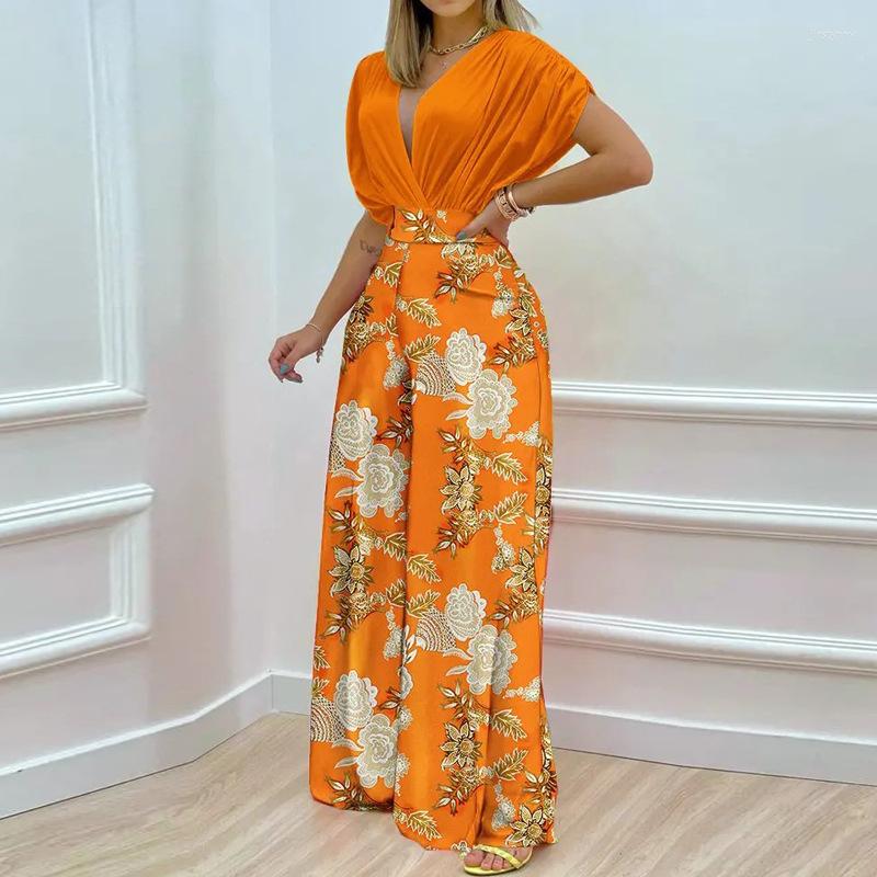 

Women' Two Piece Pants Summer Set Women Playsuit Sets Sexy V-neck Batwing Sleeve Printed Matching High Streetwear Beach Vacation, Orange