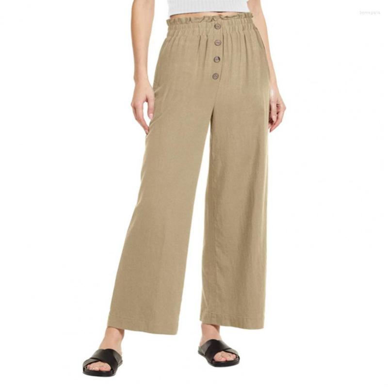 

Women' Pants High Waist Ruffle Sheer Elastic Waistband Loose Woman Buttons Decor Straight Wide Leg Female Clothing, Blue