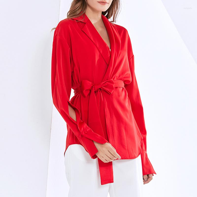 

Women' Blouses 2022 Spring Shirt Women' Lace-Up Suit Collar Fashion Temperament Lazy Wind Loose Red