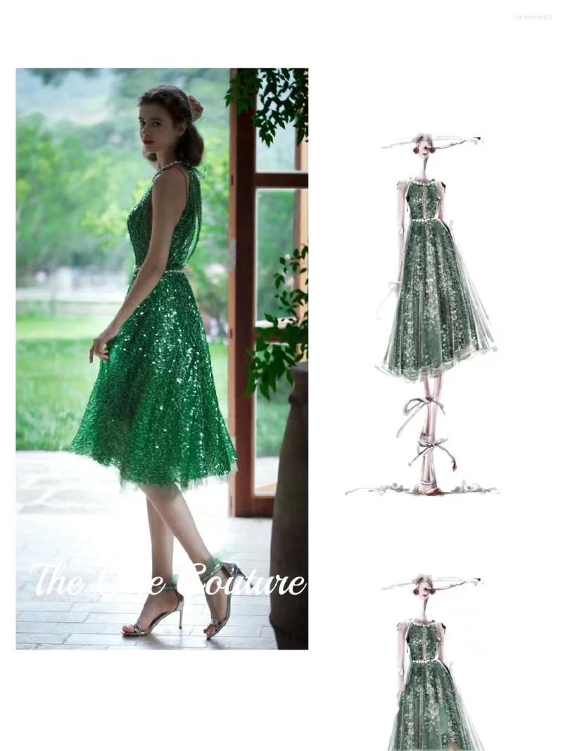 

Party Dresses Sequined Beaded Bling Dubai Green Halter Prom Dress Sexy Backless Knee Length Factory Store A Line Celebrity Evening Gown, White