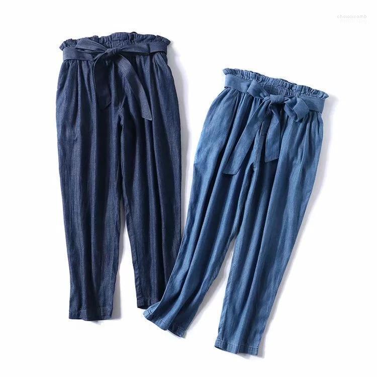

Women's Pants Women's & Capris 2022 Summer Bow Elastic Waist Bandwidth Loose High Wide Leg Woman's Jeans Nine Women, Blue