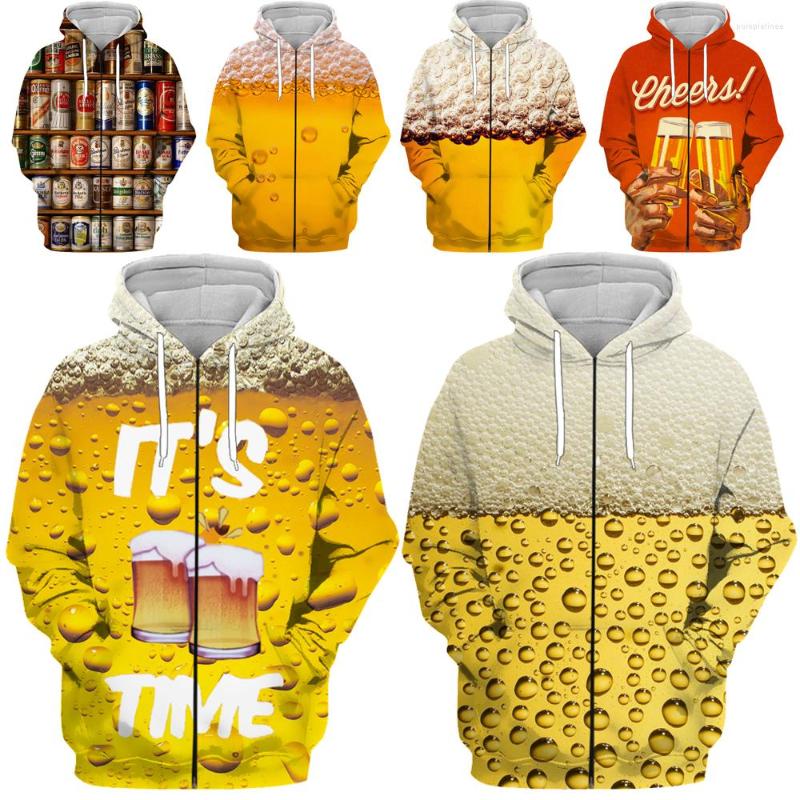 

Men' Hoodies HOXIXIB Autumn Camping Men Hoody 3D Print Drink Beer Zipper Women Yellow Sweatshirt Harajuku Hooded Oktoberfest Zip Coat