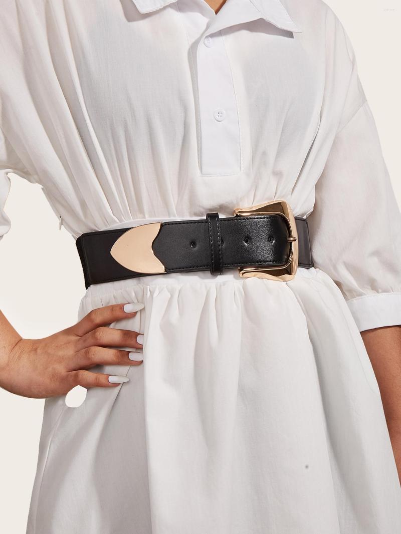 

Belts 2022 Fashion All-Match Gold Square Buckle Black Elastic Pin PU Leather Punk Waist Wide With Skirt Coat