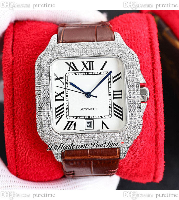 

TWF TWWSSA0009 M8215 Paved Diamonds Automatic Mens Watch 40mm Miyota Fully Iced Out Diamond Case White Black Roman Dial Brown Leather Super Edition Puretime B2