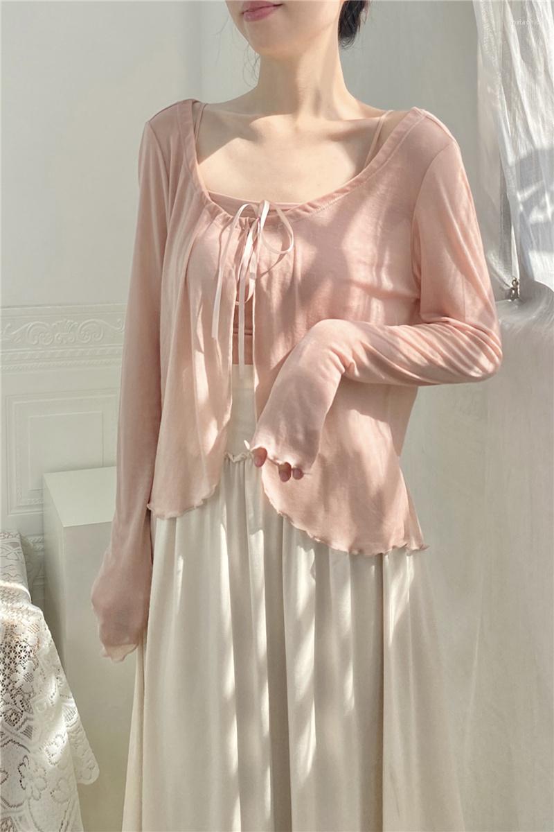 

Women's T Shirts Autumn Summer Loose Thin Long Sleeved Soft Silk Lace Up Cardigan Coat Sexy Women O-Neck Skinny Breathable RUFFLES Shirt, Pink