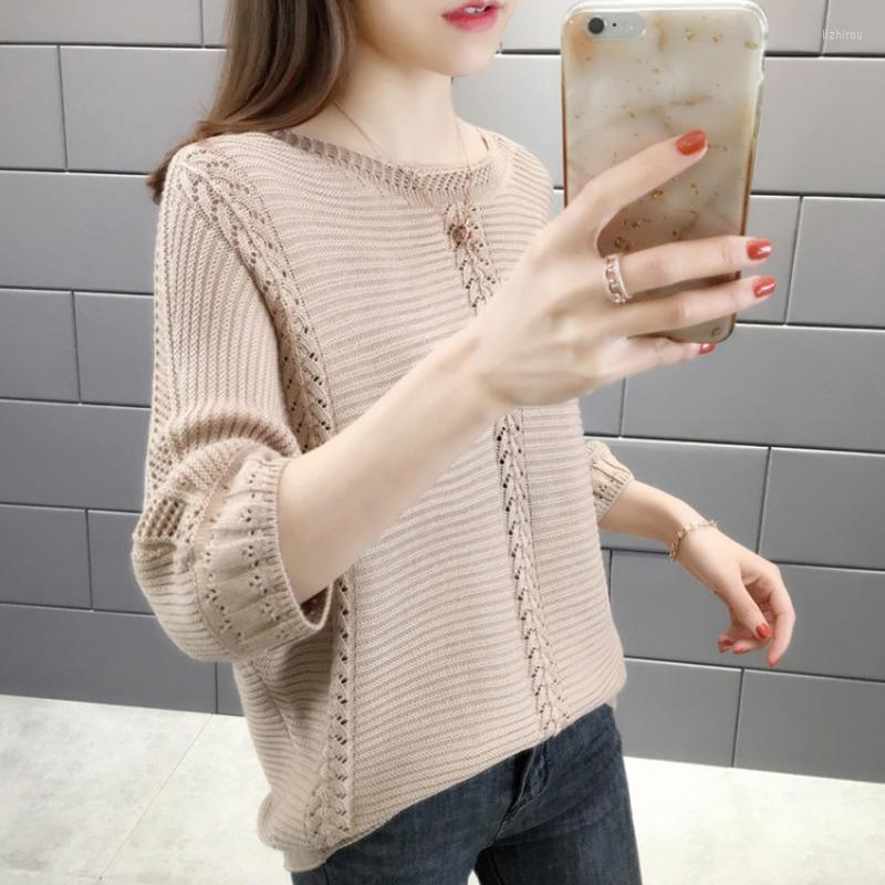 

Women's Sweaters #7444 Spring Summer Knitted Women Hollow Out Sexy And Pullovers Three Quarter Sleeve Tops Thin, Green