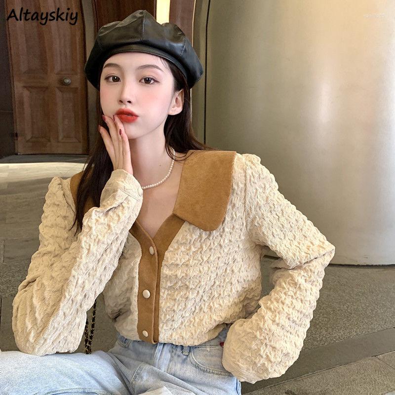 

Women's Blouses Women Patchwork Shirts Vintage Design Long Sleeve Turn-down Collar Ladies Party Fashion Tops Single Breasted Spring Fall, Brown