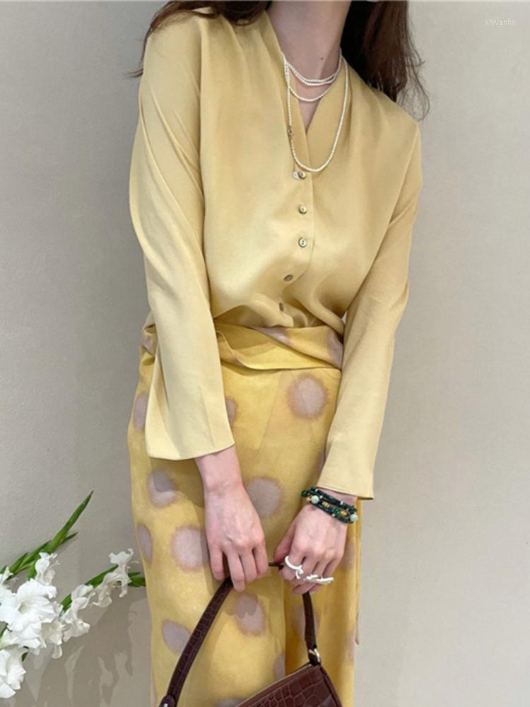 

Women's Blouses Women Shirt 2022 Spring And Summer Silk V-neck Solid Color Long-sleeved Single-breasted Casual, Yellow