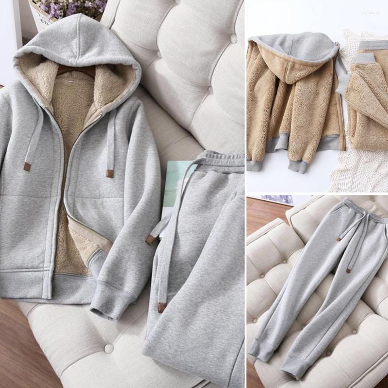 

Women's Two Piece Pants 1 Set Cozy Women Winter Suit Solid Color Plus Size Coat Hoodie Jogger Two-piece, Black