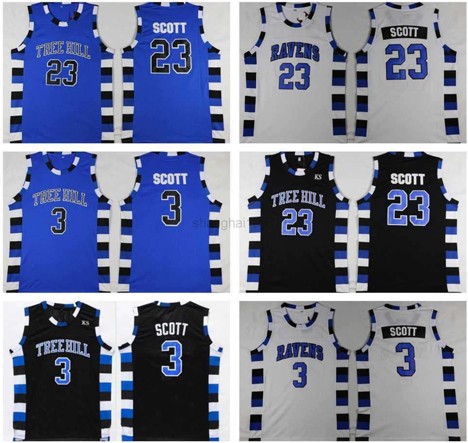 

College Basketball Wears NCAA One Tree Hill Ravens Basketball Jersey Brother Movie 3 Lucas 23 Nathan Scott Black White Blue, Colour 1