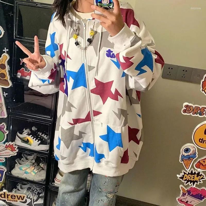 

Women' Jackets American Retro Full Print Star Jacket Female Loose Fall Thin Section Non-Pilling Cardigan Hooded Couple Sweater, White