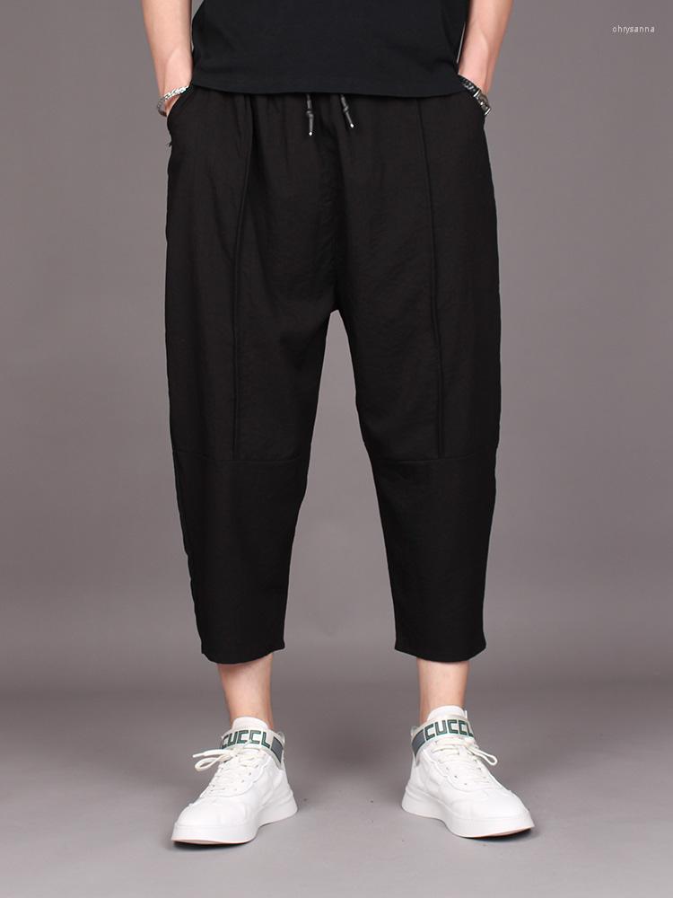 

Men' Pants Dark Black Loose Large Capris Summer Trend Ice Silk Low Crotch Cross Men' Hairdresser Wide Leg Casual Harem