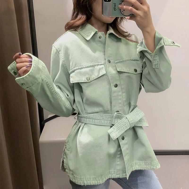 

Women's Jackets Loose Long Sleeve Denim Turn Down Collar Streetwear Pockets Coat Women Fashion Green Jeans Jacket With Belt