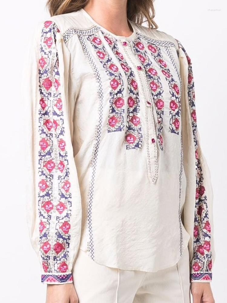 

Women's Blouses Women Shirt 2022 Spring Embroidered Beaded Sequin Pullover Cotton Casual Long Sleeve, Beige