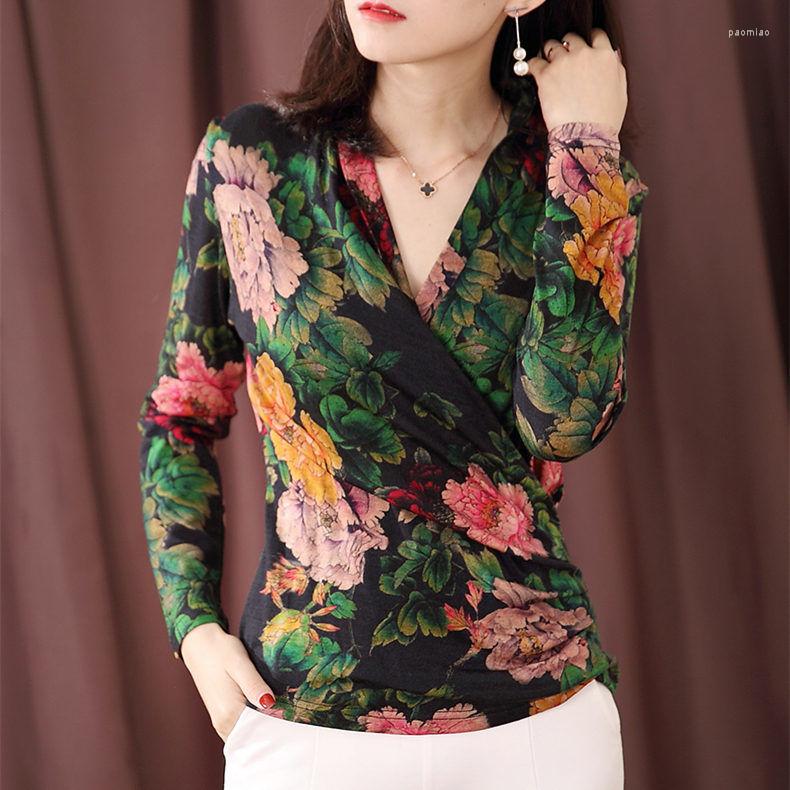 

Women' T Shirts 2022 Spring Women Casual Korean KniV-Neck Long Sleeve Stretch Shirt Floral Print Female Tshirt 4XL A155, Green