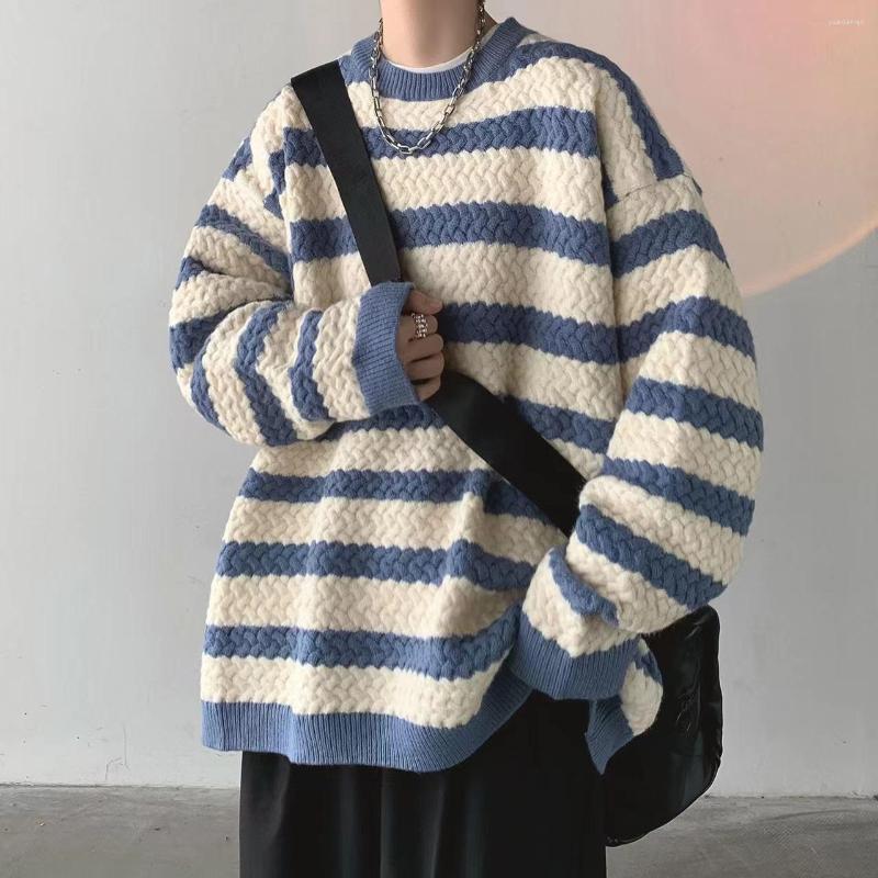 

Men's Sweaters 2022 Winter Men's Stripe Printing Coats Round Neck Wool Sweater Retro Loose Pullover Fashion Trend Thickened Knitting, Blue