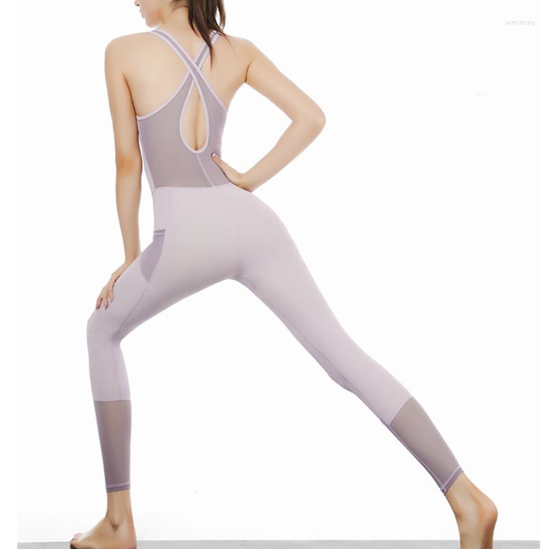

Active Sets Sexy Mesh Stitching Sport Suit Cross Back Fitness Jumpsuit Yoga Set For Women Quick Dry Gym Running Training Workout Suits, Pink purple