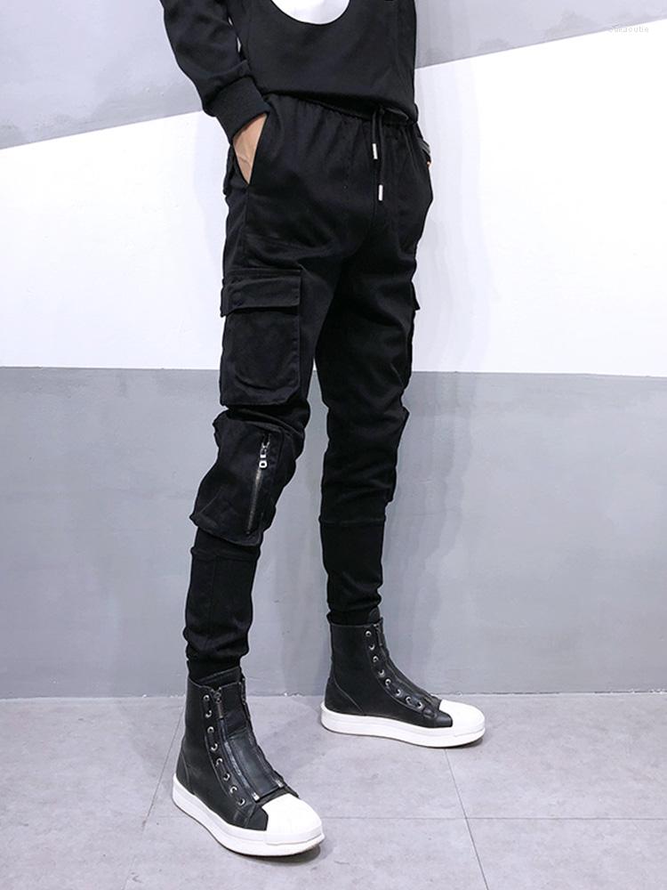 

Men' Pants Men' Male Fashion Black Trendy Brand Function Multi-pocket Casual Overalls Hair Stylist Slim Feet Harem