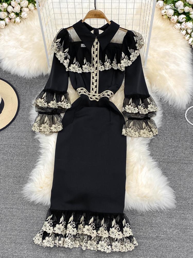 

Casual Dresses FTLZZ Autumn Winter Elegant Women Stand Collar Puff Sleeve Dress Vintage Lady Lace Mesh Black Ruffled Floral Print