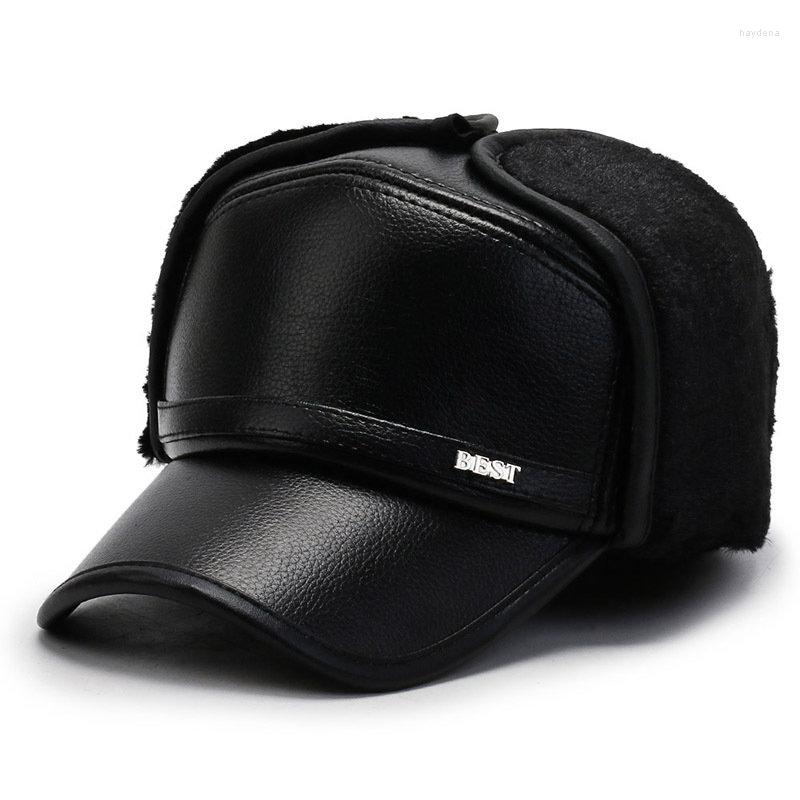 

Berets Autumn Winter Bomber Cap Keep Warm Thicken Plus Velvet Ear Protection Windproof Middle-Aged Men Leather Baseball Caps 2023, Black