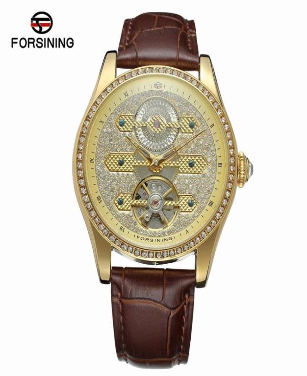 

Forsining 2021 Design Genuine Leather Diamond Display Blue Hands Tourbillion Waterproof Mens Automatic Watches Top Wristwatches7442823, Gold