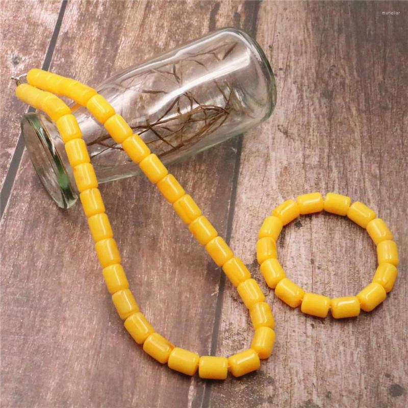 

Necklace Earrings Set Fashion Yellow Faux Resin Ambers Beeswax 13x18mm Cylindrical Shape Jewelry Bracelet Synthesis Beads M457, Picture shown
