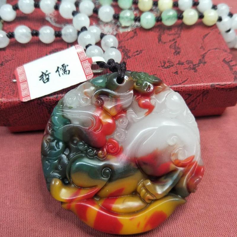 

Pendant Necklaces Wholesale Price Natural Colorful Original Stone Carving Rich Animal Beast With Three Colored Beads Necklace