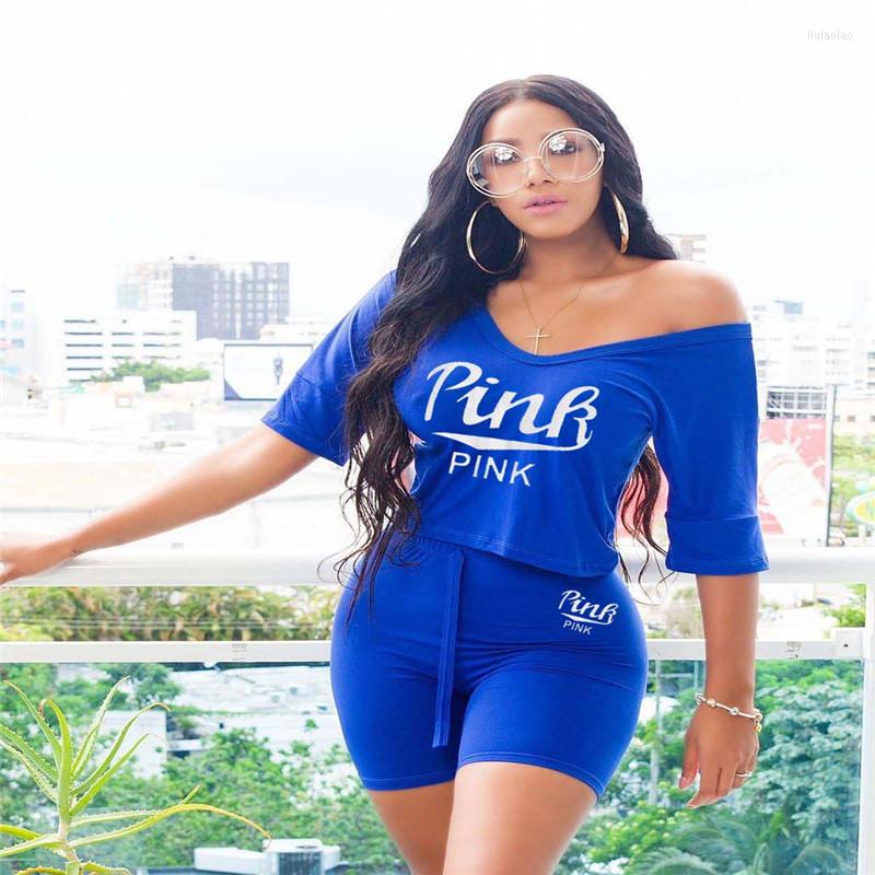 

Women' Tracksuits 2022 Summer Street Fashion Personality Suit Women V-neck Short Sleeve Printed T-shirt And Lace-up Shorts 2-piece Set, Blue