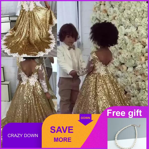 

Girl Dresses Gold Sequins Flower Girls For Weddings White Appliques Illusion Long Sleeves Bling Asymmetric Pageant, Orange